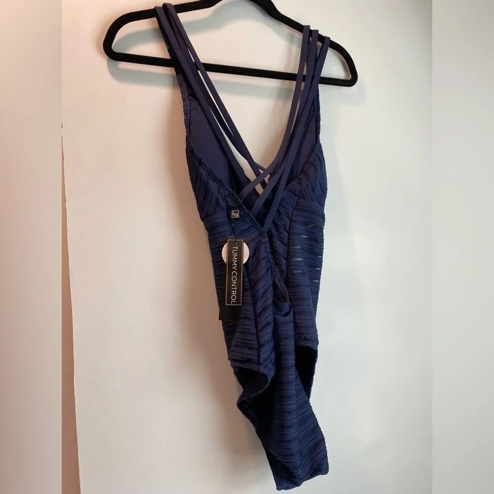 La Blanca Fluid Lines Multi-Strap Cross-Back One Piece w/Mesh Detail -Indigo NWT